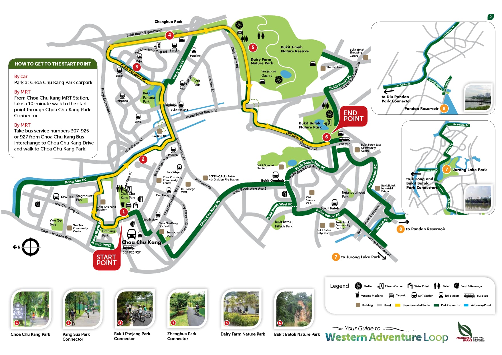 Map of Western Adventure Loop showing route through several parks, start and end points, bus services, and facilities.